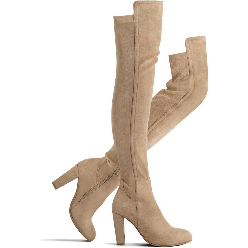 Women Khaki Faux Suede Chunky Heel Stretch Over The Knee Thigh High Long Boot